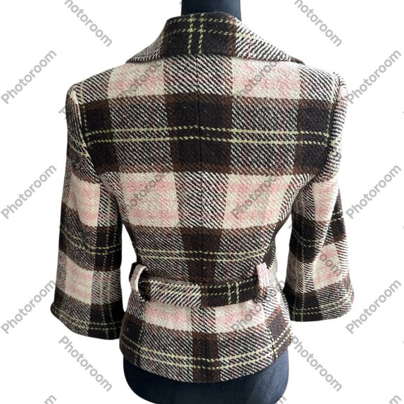 CAbi #730 NWT Coat Women's 4 Jacket Plaid Kate Pink Brown Spy Belted Wool Blend - Picture 2 of 7